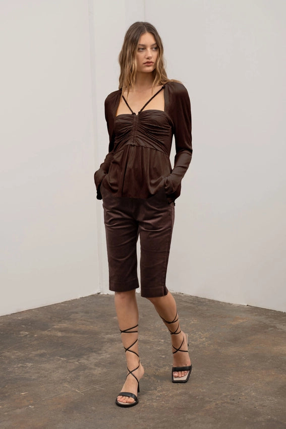 Square Neck Shirred Long Sleeve Top-Top-Moon River-XS-BROWN-Urbanheer