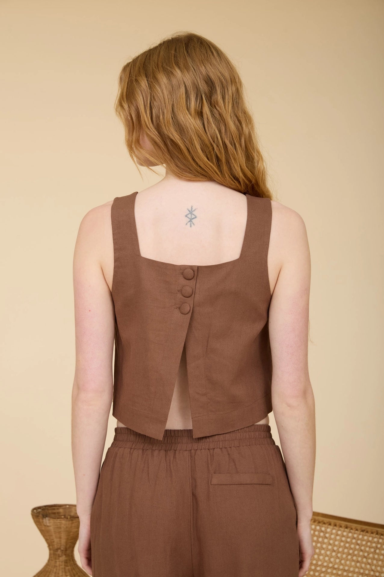 Square Neck Sleeveless Back Button Linen Top