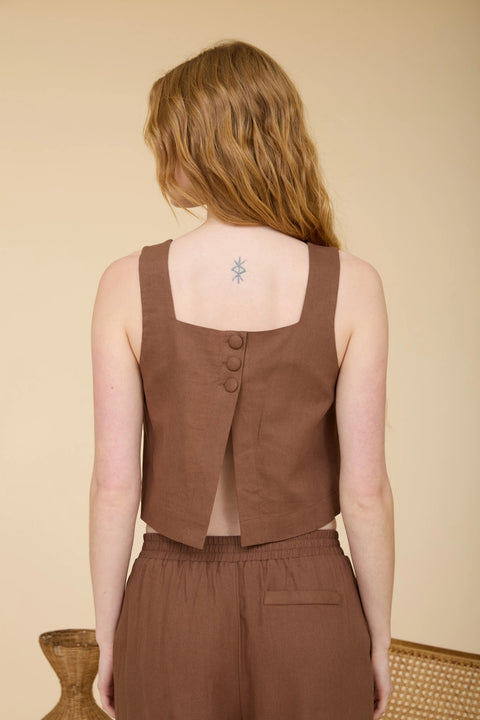 Square Neck Sleeveless Back Button Linen Top