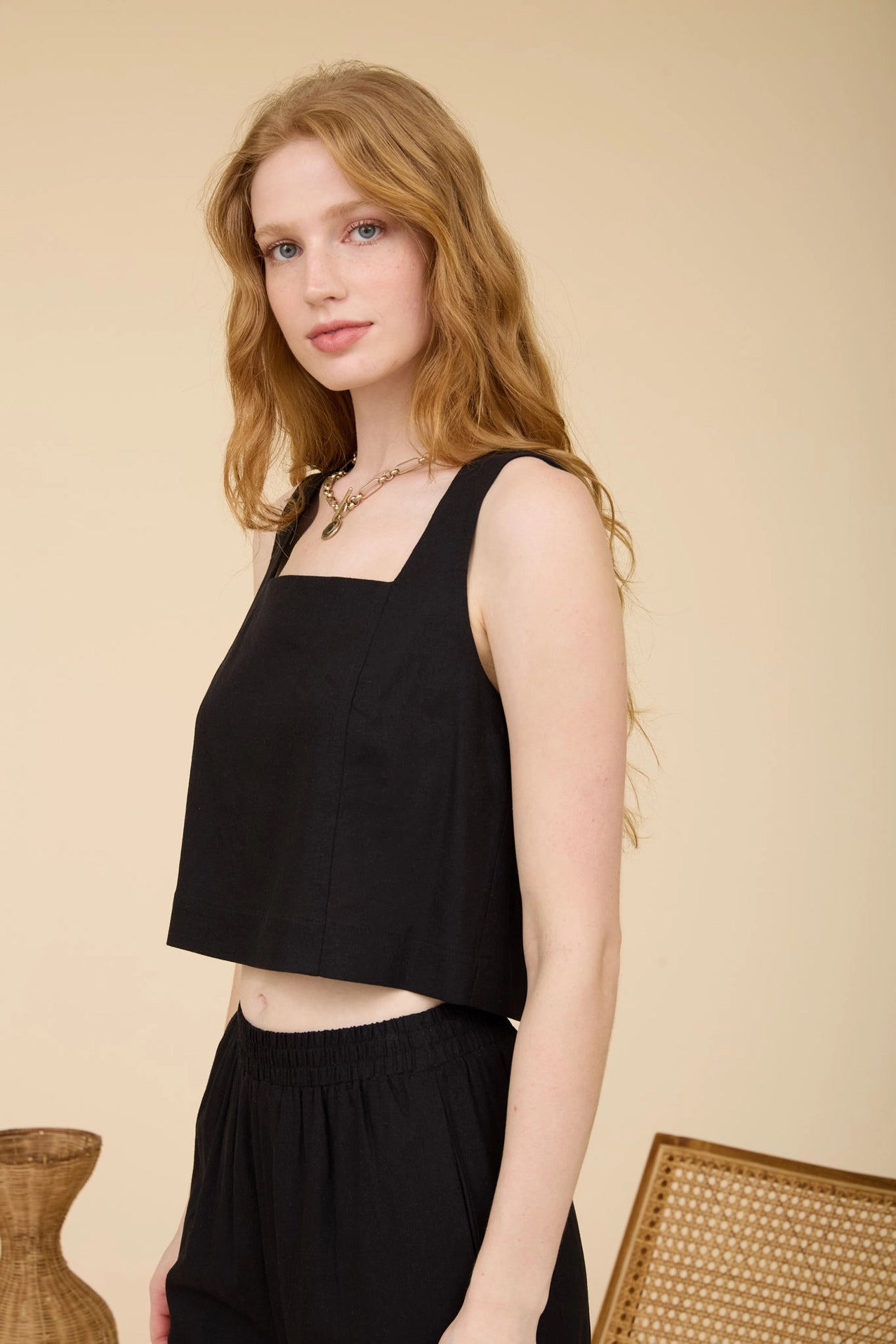 Square Neck Sleeveless Back Button Linen Top