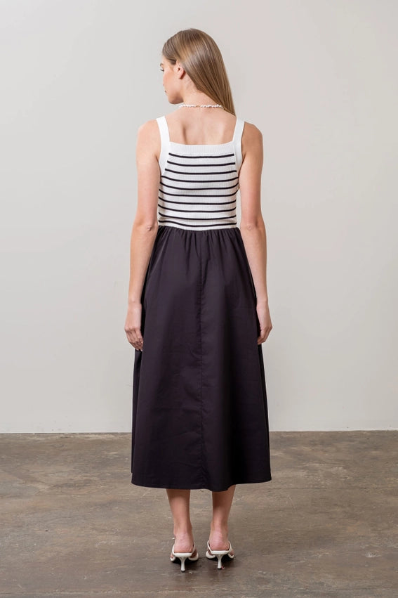 Square Neck Sweater Knit Mix Media Midi Dress-Dress-Moon River-XS-NAVY-Urbanheer