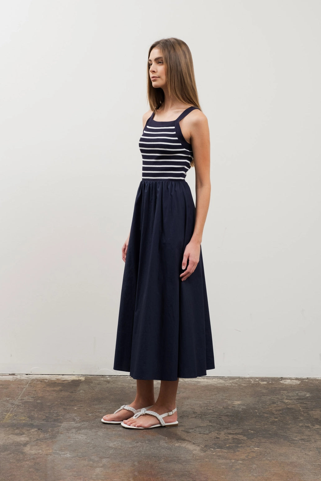 Square Neck Sweater Knit Mix Media Midi Dress