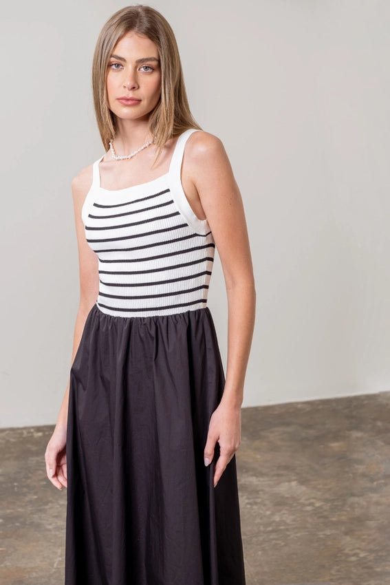 Square Neck Sweater Knit Mix Media Midi Dress-Dress-Moon River-XS-NAVY-Urbanheer