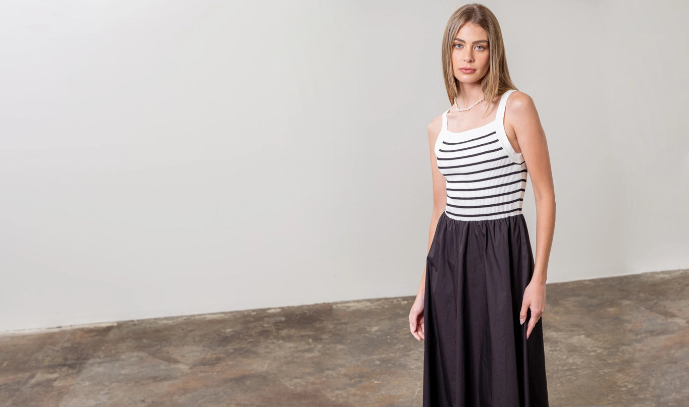 Square Neck Sweater Knit Mix Media Midi Dress-Dress-Moon River-XS-NAVY-Urbanheer