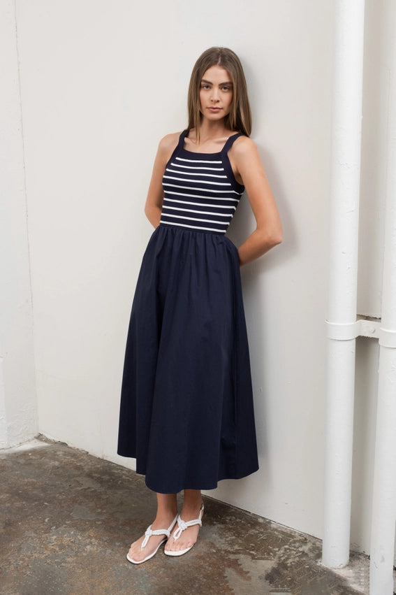 Square Neck Sweater Knit Mix Media Midi Dress-Dress-Moon River-XS-BLACK-Urbanheer