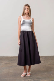 Square Neck Sweater Knit Mix Media Midi Dress-Dress-Moon River-XS-NAVY-Urbanheer