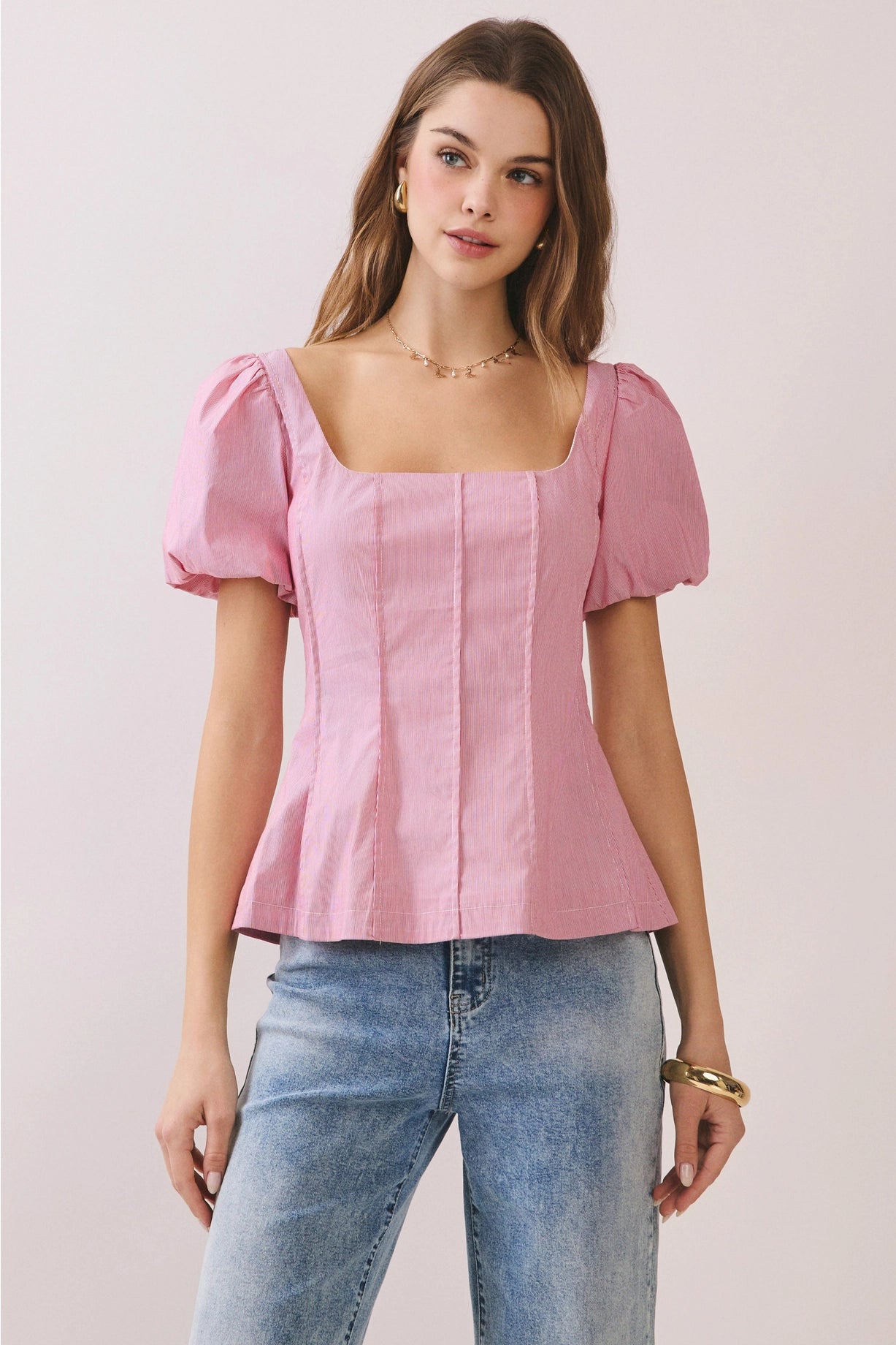 Square Neckline Short Puff Sleeves Fitted Top Red