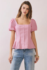 Square Neckline Short Puff Sleeves Fitted Top Red