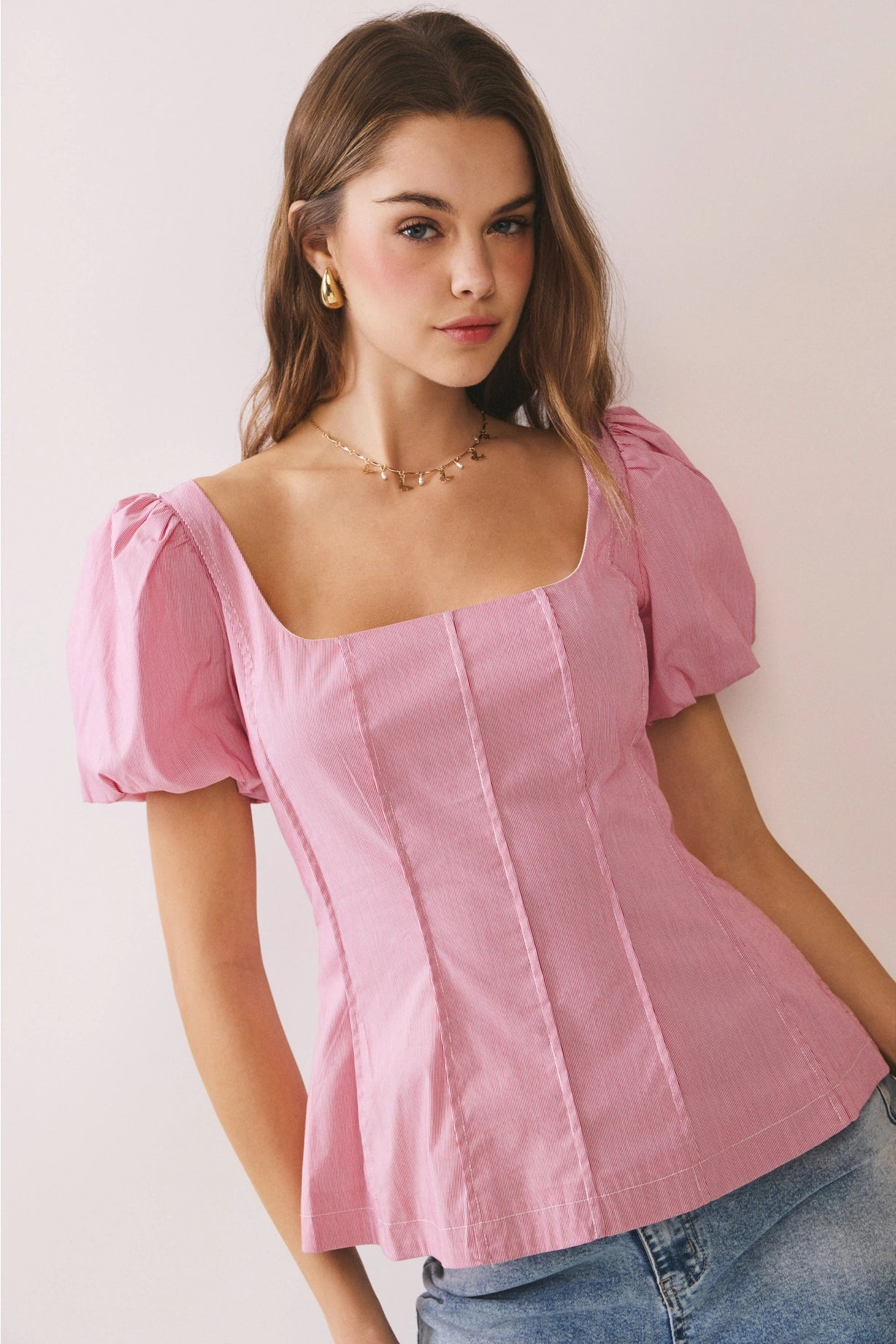 Square Neckline Short Puff Sleeves Fitted Top Red