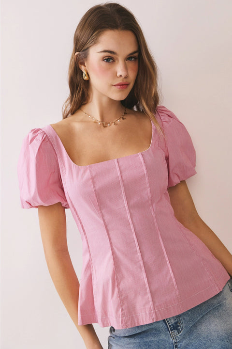 Square Neckline Short Puff Sleeves Fitted Top Red