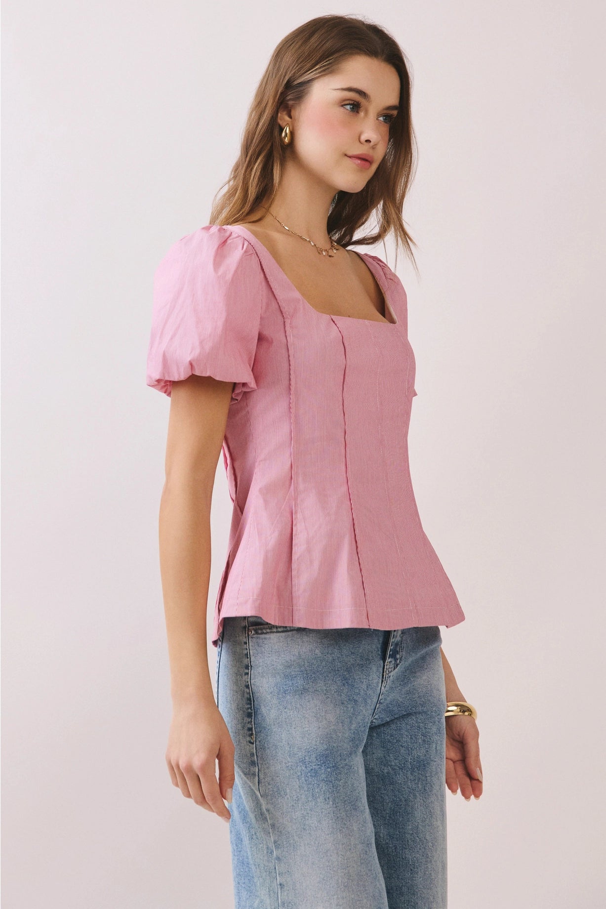 Square Neckline Short Puff Sleeves Fitted Top Red