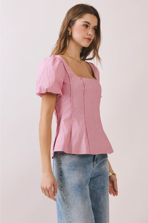 Square Neckline Short Puff Sleeves Fitted Top Red