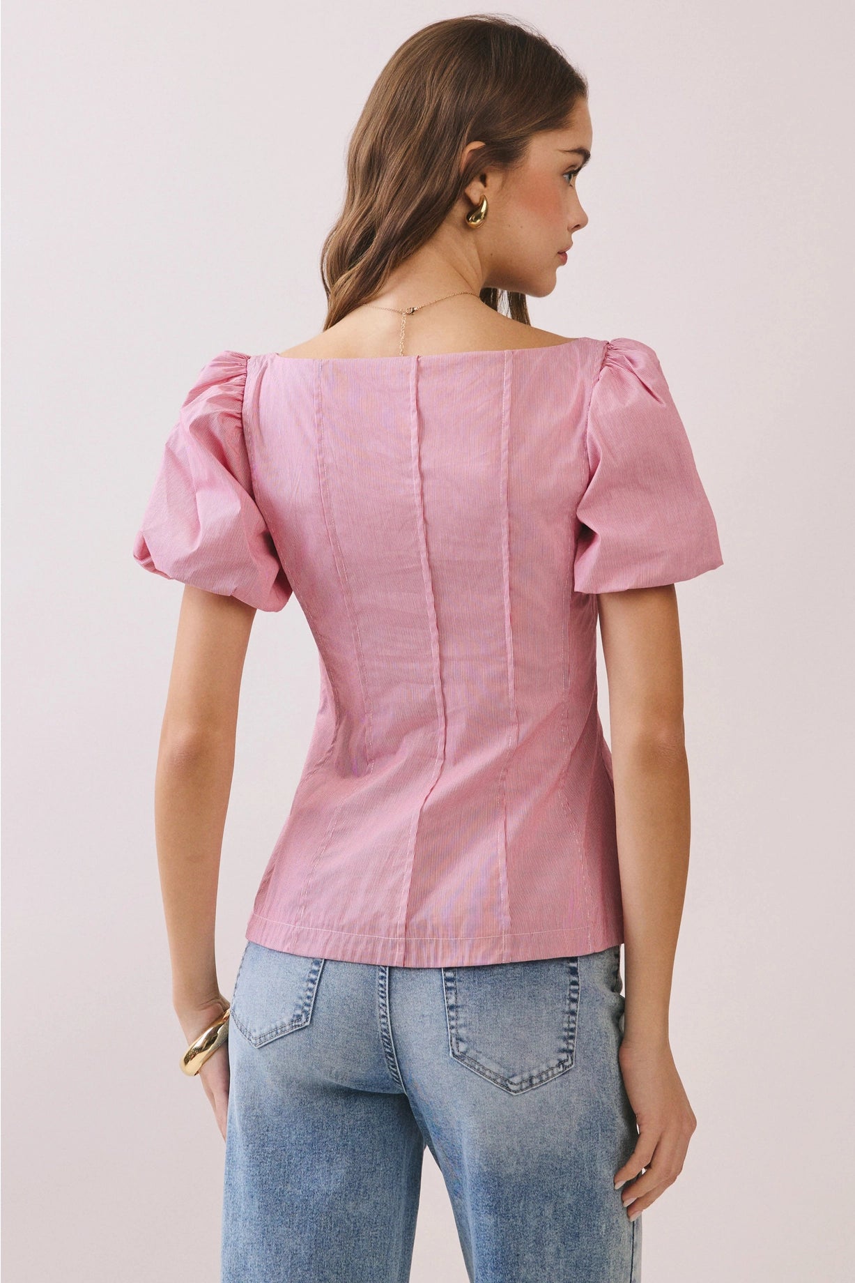 Square Neckline Short Puff Sleeves Fitted Top Red