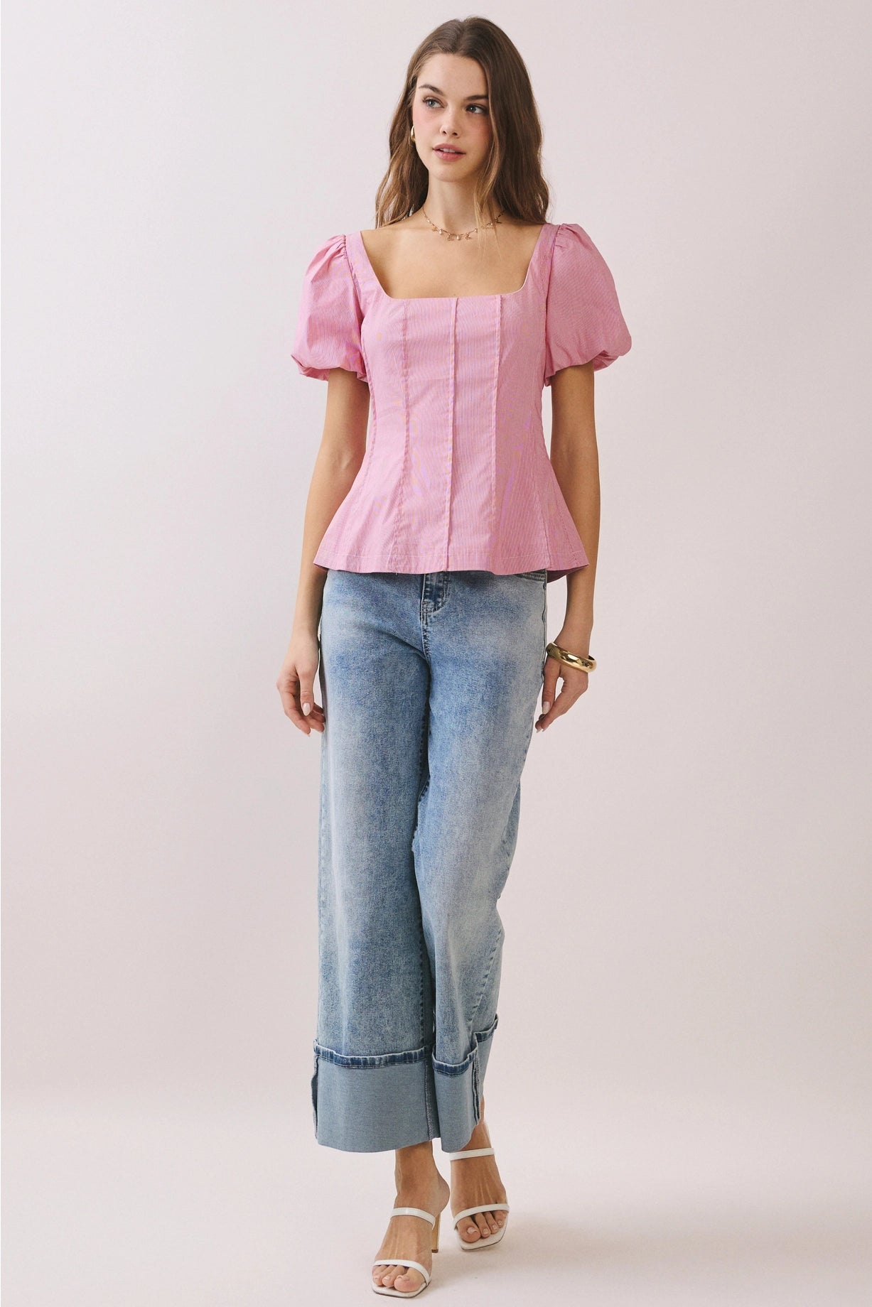 Square Neckline Short Puff Sleeves Fitted Top Red
