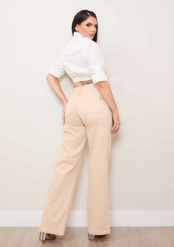 Square Pocket Wide Leg Jeans in Sand