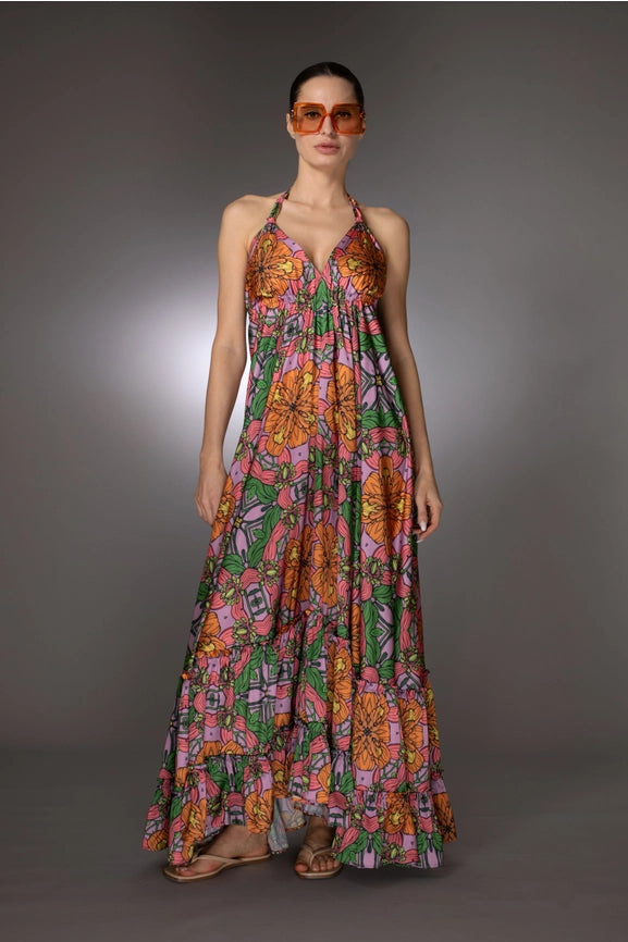 St- Exotic Sleeveless Print Ruffle Satin Maxi Dress-Dress-Nuvula-S-Urbanheer