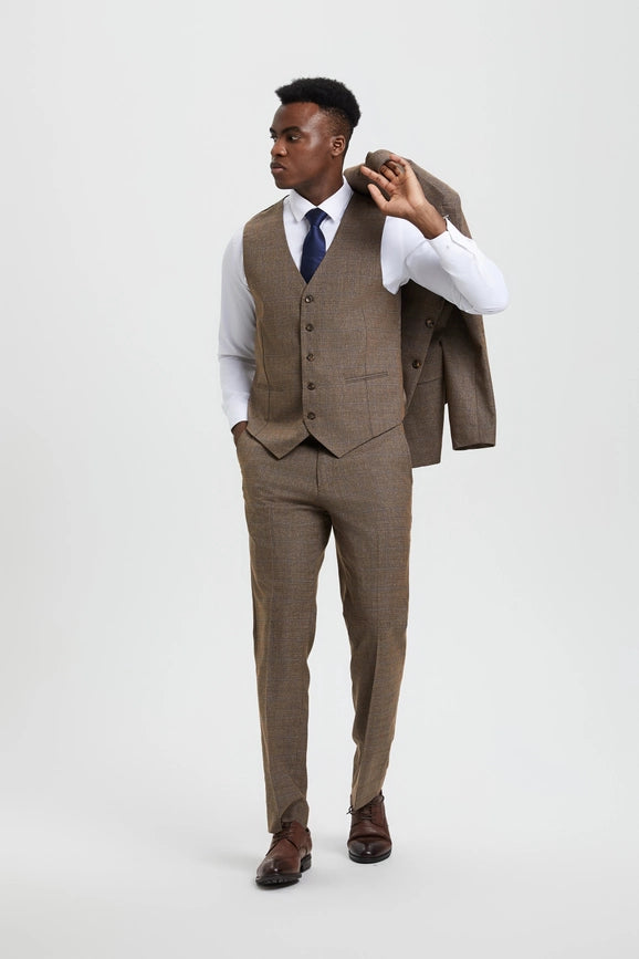 Stacy Adams, 3-PC Plaid Suit, Hybrid Fit, Brown-Suits-Suits America-38R/32W-Brown-Urbanheer