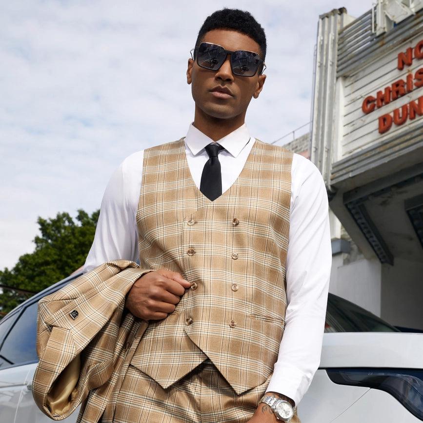 Stacy Adams Hybrid Fit Plaid Suit w/ Double Breasted Vest-Suits-Suits America-38R-Tan-Urbanheer