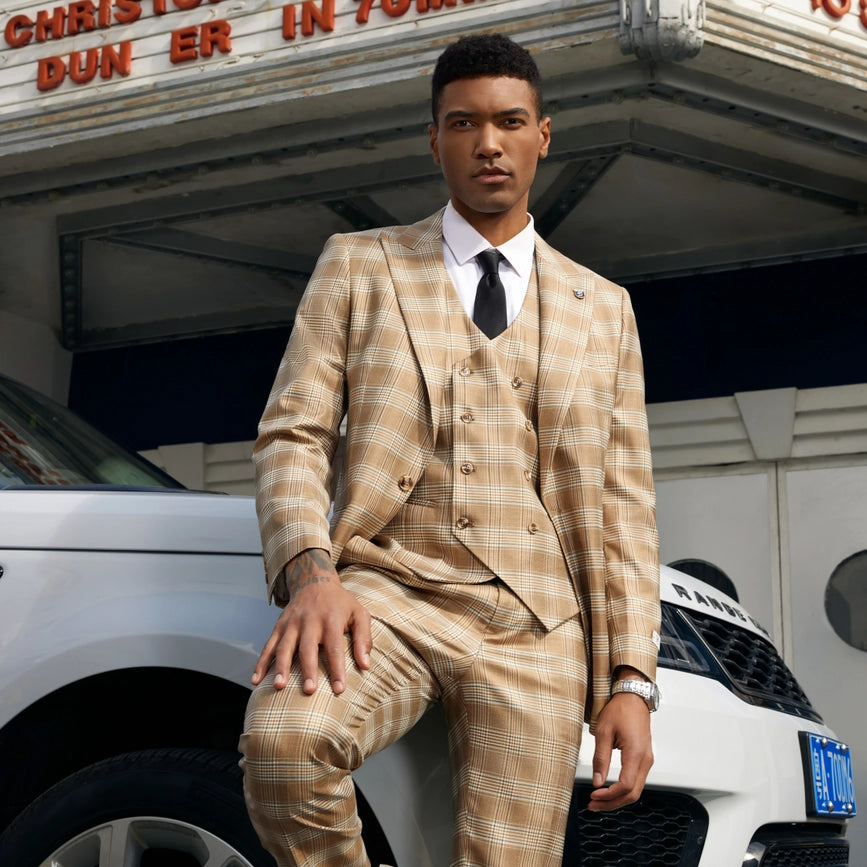 Stacy Adams Hybrid Fit Plaid Suit w/ Double Breasted Vest-Suits-Suits America-38R-Tan-Urbanheer