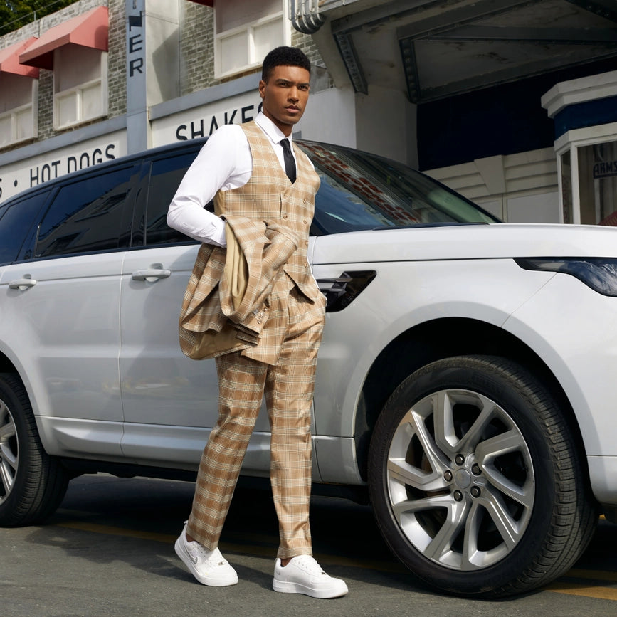 Stacy Adams Hybrid Fit Plaid Suit w/ Double Breasted Vest-Suits-Suits America-38R-Tan-Urbanheer