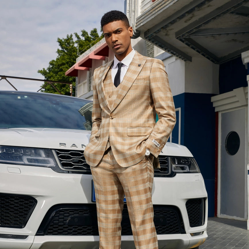 Stacy Adams Hybrid Fit Plaid Suit w/ Double Breasted Vest-Suits-Suits America-38R-Tan-Urbanheer