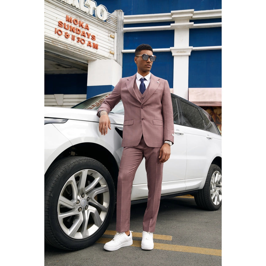 Stacy Adams Windowpane Check 3-Piece Mens Suit, Dark Pink-Suits-Suits America-50R/44W-Dark Pink-Urbanheer