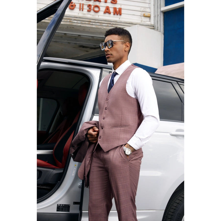 Stacy Adams Windowpane Check 3-Piece Mens Suit, Dark Pink-Suits-Suits America-50R/44W-Dark Pink-Urbanheer