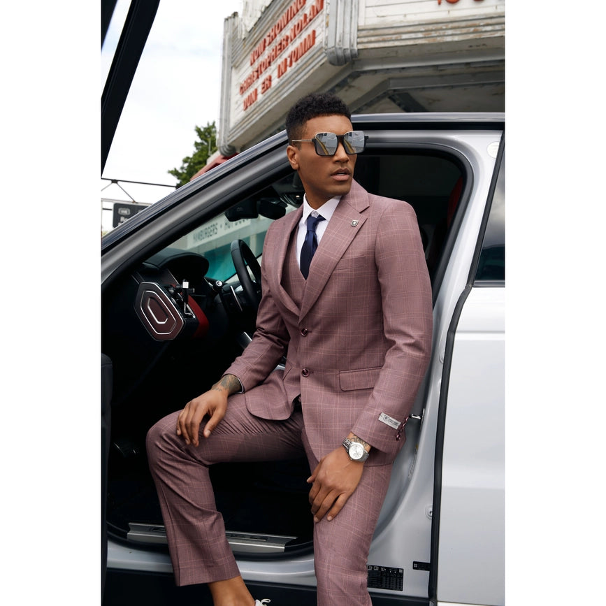 Stacy Adams Windowpane Check 3-Piece Mens Suit, Dark Pink-Suits-Suits America-50R/44W-Dark Pink-Urbanheer