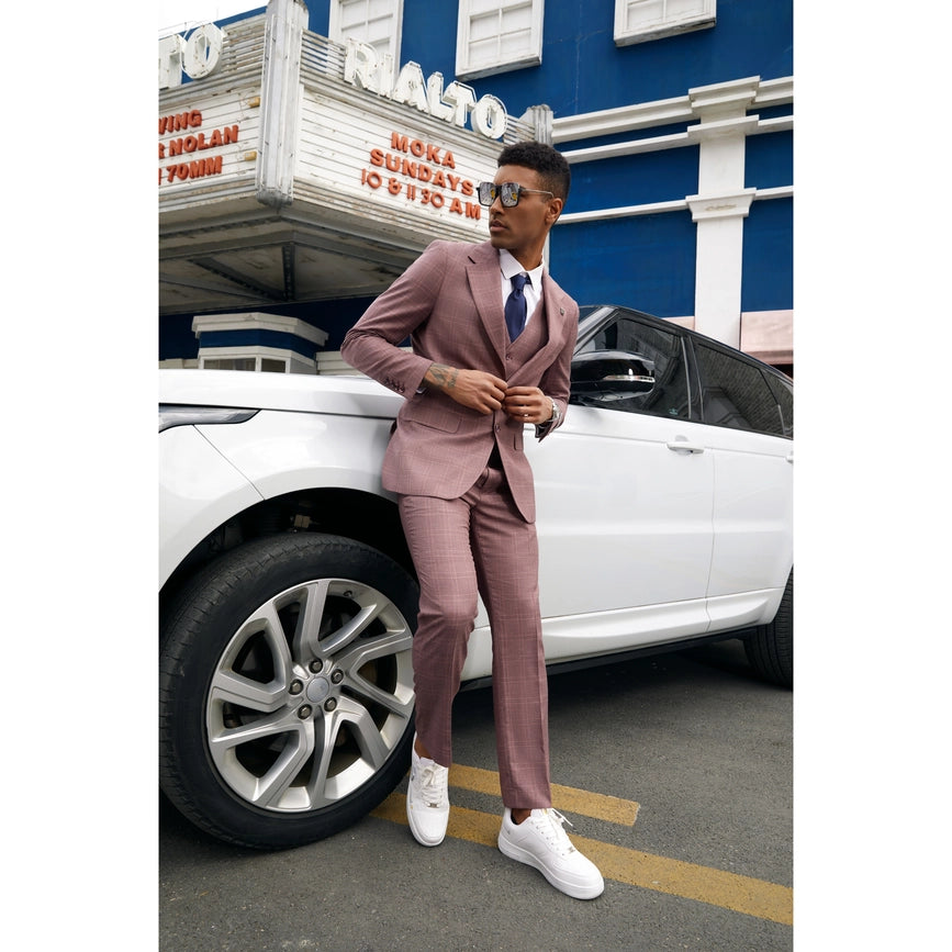 Stacy Adams Windowpane Check 3-Piece Mens Suit, Dark Pink-Suits-Suits America-50R/44W-Dark Pink-Urbanheer