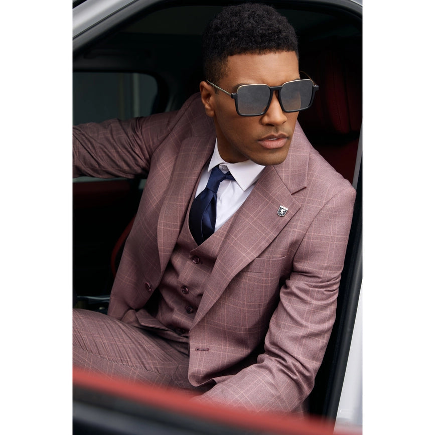 Stacy Adams Windowpane Check 3-Piece Mens Suit, Dark Pink-Suits-Suits America-50R/44W-Dark Pink-Urbanheer