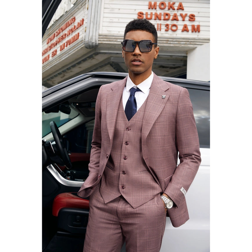 Stacy Adams Windowpane Check 3-Piece Mens Suit, Dark Pink-Suits-Suits America-50R/44W-Dark Pink-Urbanheer