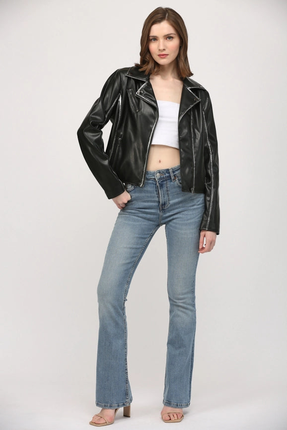 Star Detailing Faux Leather Vintage Moto Jacket-Jacket-FATE-XS-BLACK-Urbanheer