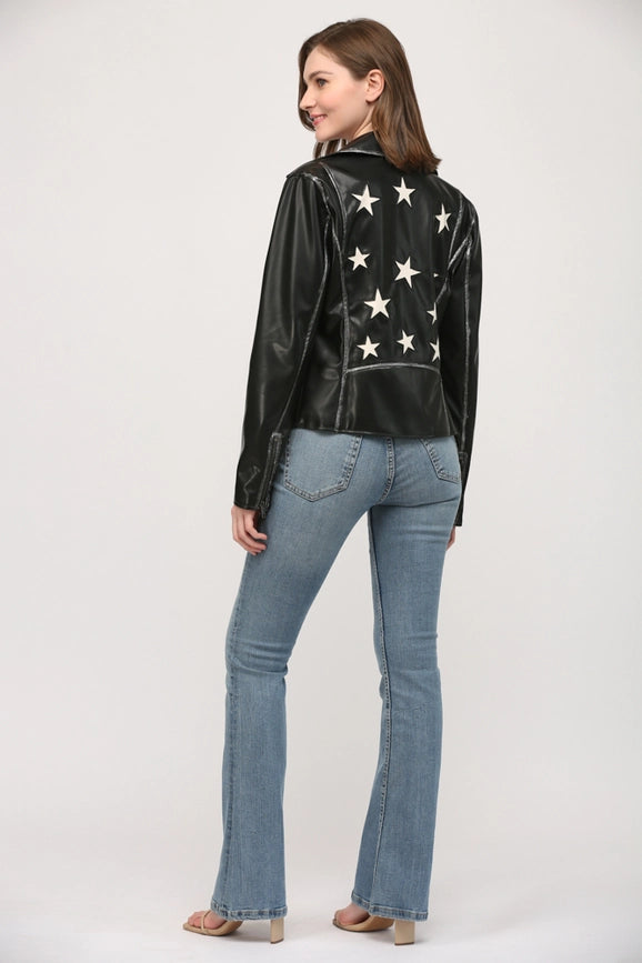 Star Detailing Faux Leather Vintage Moto Jacket-Jacket-FATE-XS-BLACK-Urbanheer
