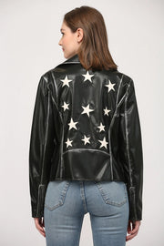 Star Detailing Faux Leather Vintage Moto Jacket-Jacket-FATE-XS-BLACK-Urbanheer