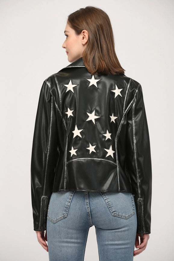 Star Detailing Faux Leather Vintage Moto Jacket-Jacket-FATE-XS-BLACK-Urbanheer