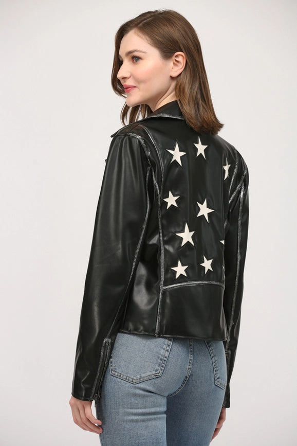 Star Detailing Faux Leather Vintage Moto Jacket-Jacket-FATE-XS-BLACK-Urbanheer