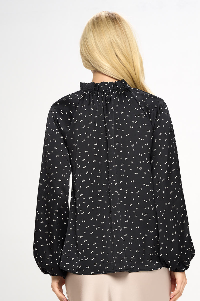 Star Print Satin Ruffle Mock Neck Top-Tops-Reneecollection-Urbanheer