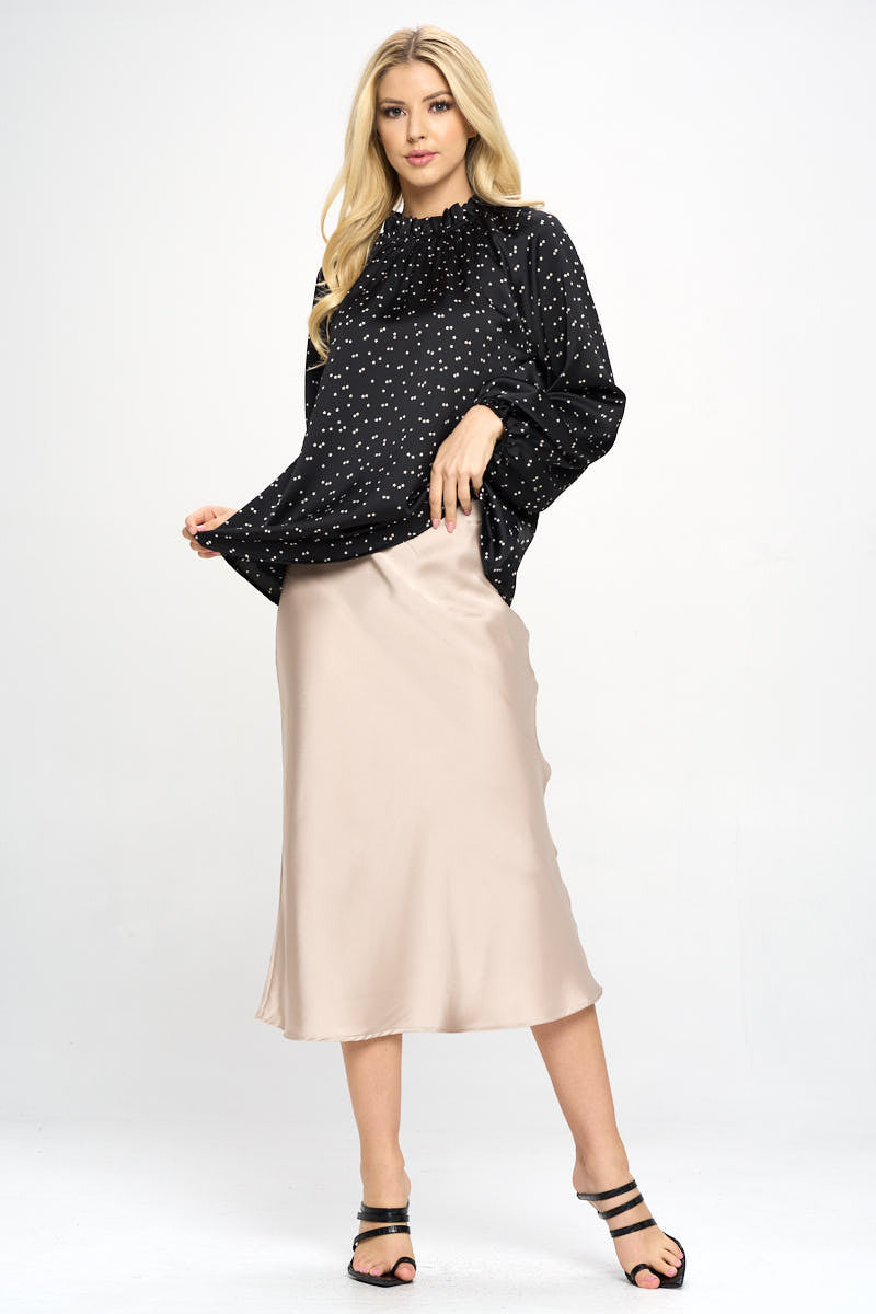 Star Print Satin Ruffle Mock Neck Top-Tops-Reneecollection-Urbanheer