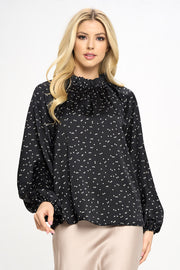 Star Print Satin Ruffle Mock Neck Top-Tops-Reneecollection-Urbanheer