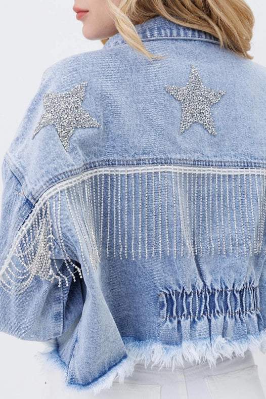 Star Rhinestone Fringe Back Elastic Denim Jacket Denim-Jacket-Blue B-S-DENIM-Urbanheer