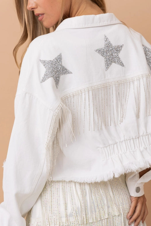 Star Rhinestone Fringe Back Elastic Denim Jacket White-Jacket-Blue B-S-WHITE-Urbanheer