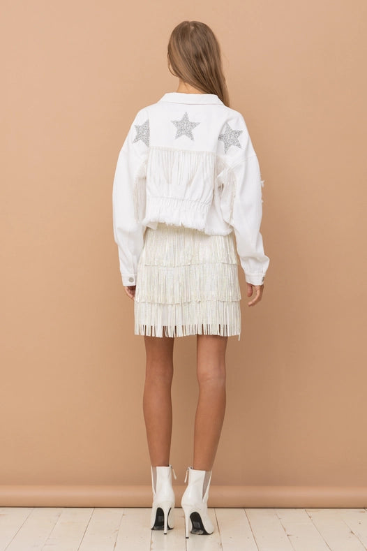 Star Rhinestone Fringe Back Elastic Denim Jacket White-Jacket-Blue B-S-WHITE-Urbanheer
