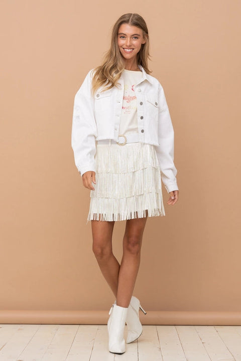 Star Rhinestone Fringe Back Elastic Denim Jacket White-Jacket-Blue B-S-WHITE-Urbanheer