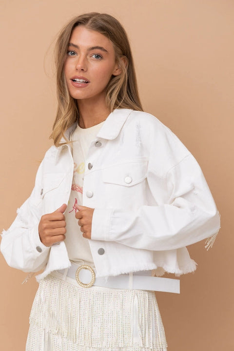 Star Rhinestone Fringe Back Elastic Denim Jacket White-Jacket-Blue B-S-WHITE-Urbanheer