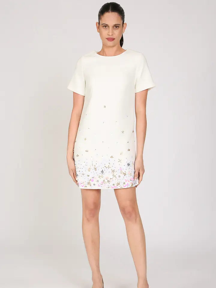 Starry Multi Embellished A-Line Mini Shift Dress-Dress-Beulah Style-S-White-Urbanheer