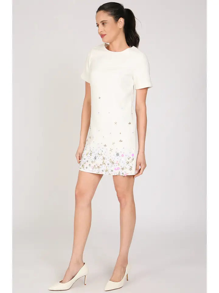 Starry Multi Embellished A-Line Mini Shift Dress-Dress-Beulah Style-S-White-Urbanheer