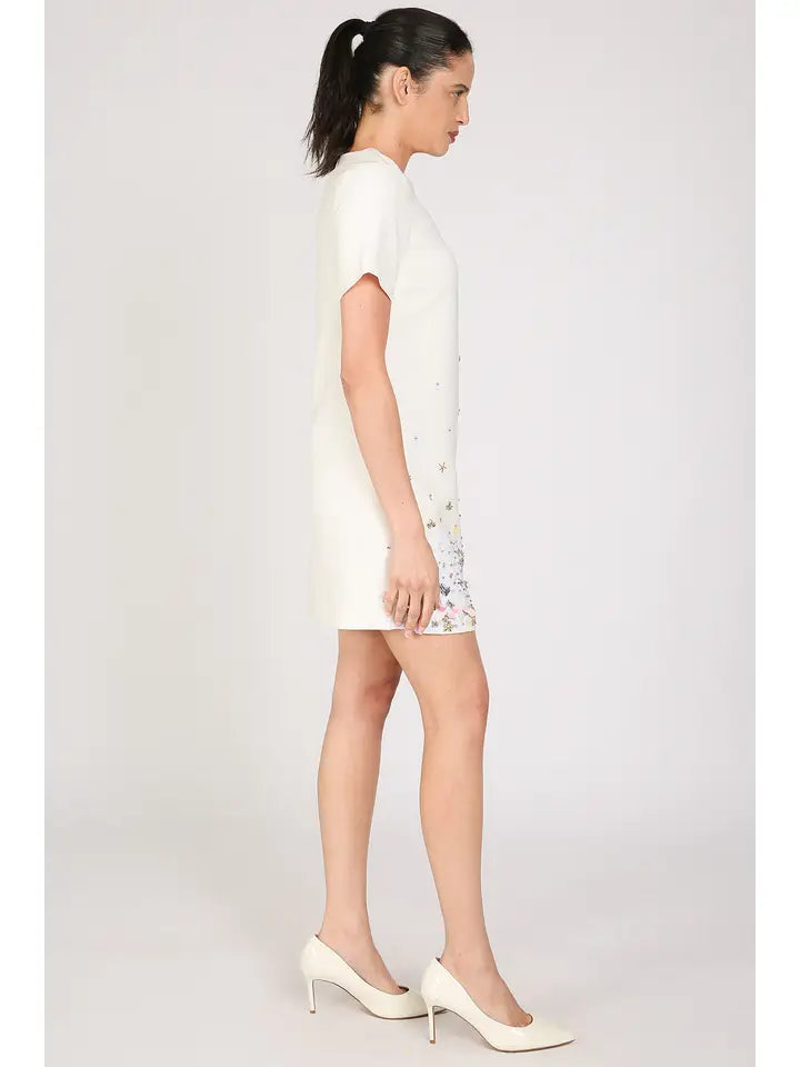Starry Multi Embellished A-Line Mini Shift Dress-Dress-Beulah Style-S-White-Urbanheer