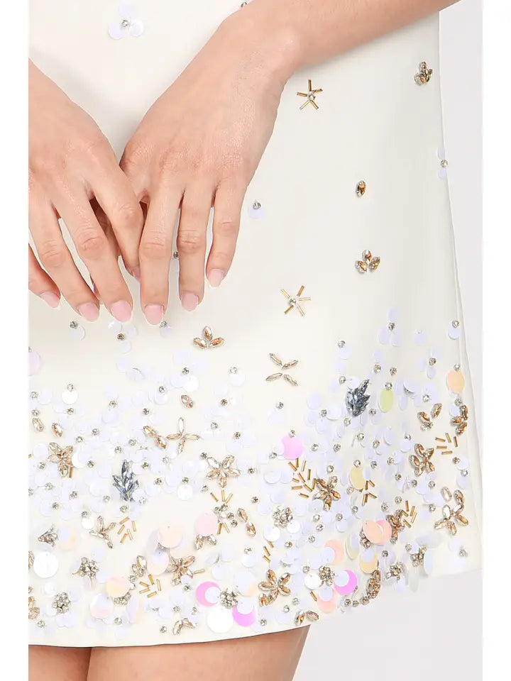 Starry Multi Embellished A-Line Mini Shift Dress-Dress-Beulah Style-S-White-Urbanheer