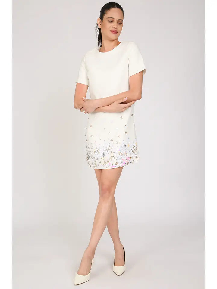 Starry Multi Embellished A-Line Mini Shift Dress-Dress-Beulah Style-S-White-Urbanheer