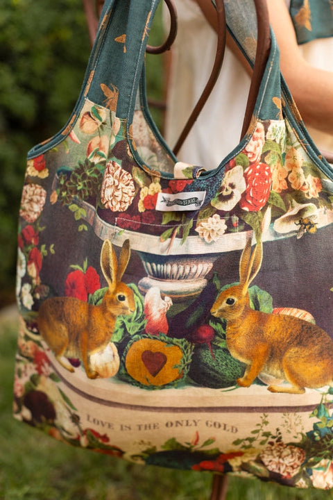 Stay Gold Boho Linen Tote Bag with Rabbit & Bees-Tote Bags-Market of Stars-width 47cm height 42cm (without strap) strap height 26cm (from top of bag to top of shoulder)-Urbanheer